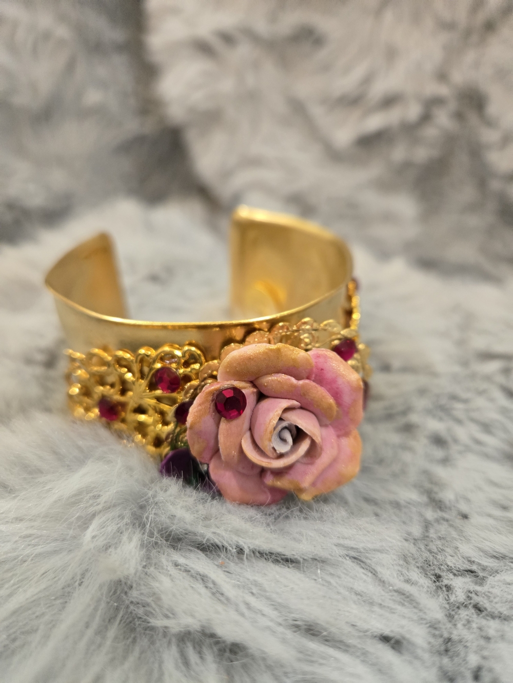 VTG Signed Jane Davis Brass Rose Filigree Cuff Bracelet